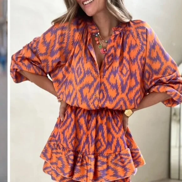 NWT Orange and Purple Print Eleanor Ruffle Mini Dress, S - Picture 1 of 8